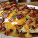 Cowboy BBQ Bacon Cheddar Chicken topped with crispy bacon and melted cheddar sauce on a white plate.