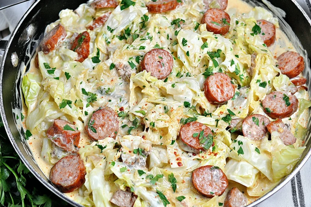 Keto TikTok Cajun Sausage Cabbage Alfredo in a skillet—creamy cabbage, Andouille sausage slices, Parmesan cream sauce, and parsley.