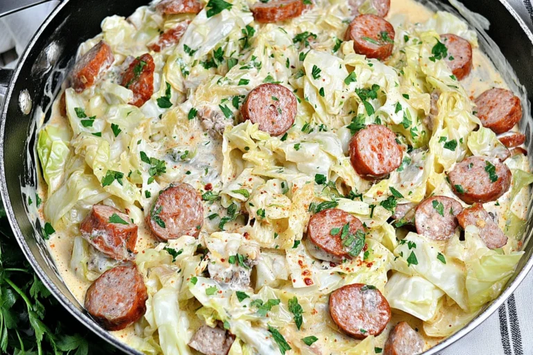 Keto TikTok Cajun Sausage Cabbage Alfredo in a skillet—creamy cabbage, Andouille sausage slices, Parmesan cream sauce, and parsley.