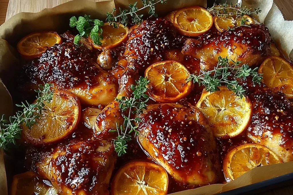 Maple Orange Glazed Chicken Quarters baked until golden and sticky, topped with caramelized orange slices and fresh thyme on a parchment-lined pan.