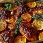 Maple Orange Glazed Chicken Quarters baked until golden and sticky, topped with caramelized orange slices and fresh thyme on a parchment-lined pan.