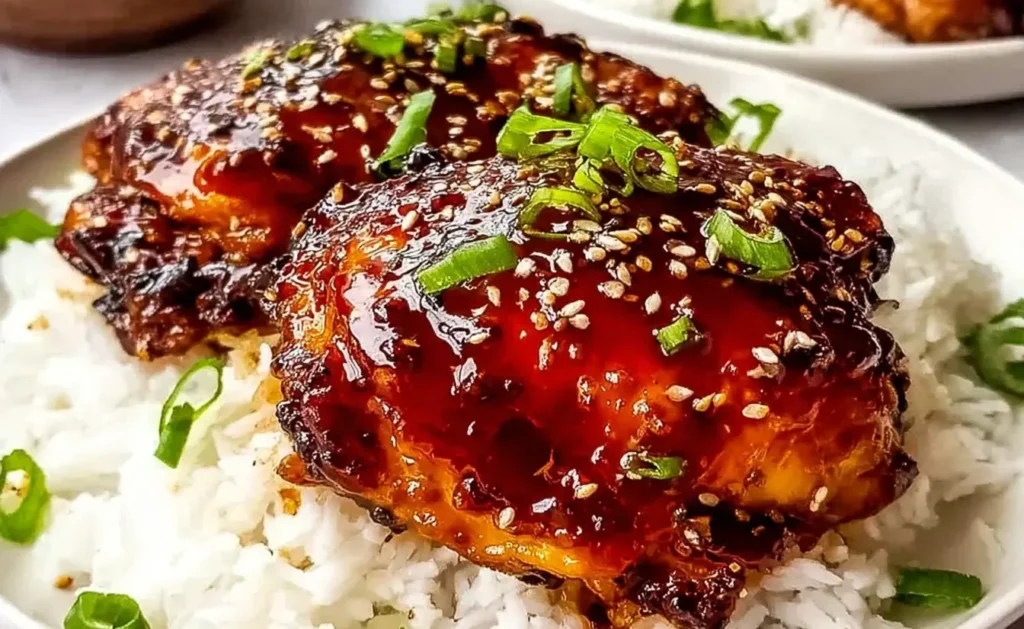 Close-up of glossy Slow Cooker Honey Garlic Chicken served over white rice with sesame seeds and sliced green onions.