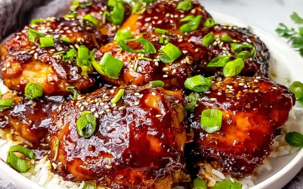 Rich, glossy Slow Cooker Honey Garlic Chicken topped with sesame seeds and green onions served over fluffy rice.