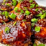 Rich, glossy Slow Cooker Honey Garlic Chicken topped with sesame seeds and green onions served over fluffy rice.