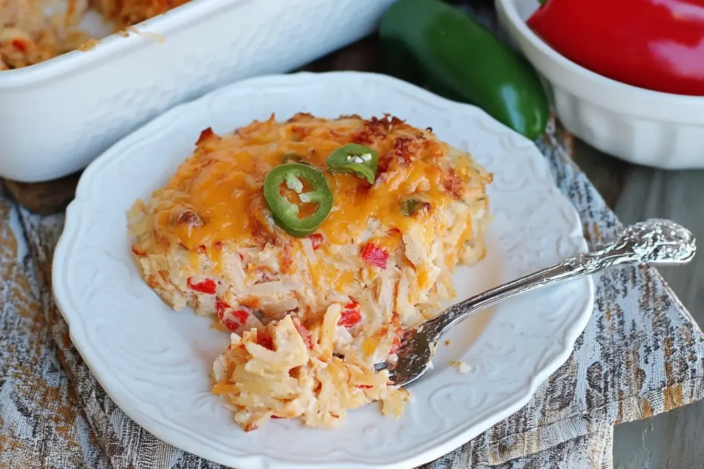 Slice of creamy Pimento Cheese Hash Brown Casserole on a white plate, topped with melted cheddar and jalapeño slices, with a fork beside it.