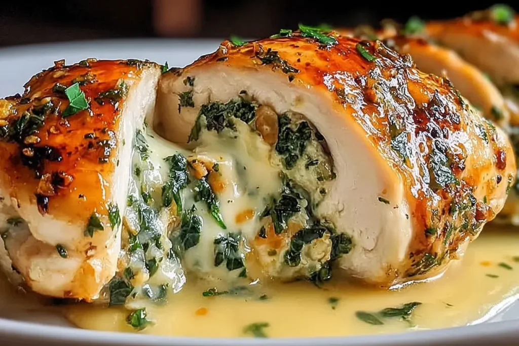 Ruth’s Chris Stuffed Chicken Copycat recipe with creamy spinach and cheese filling inside juicy golden chicken