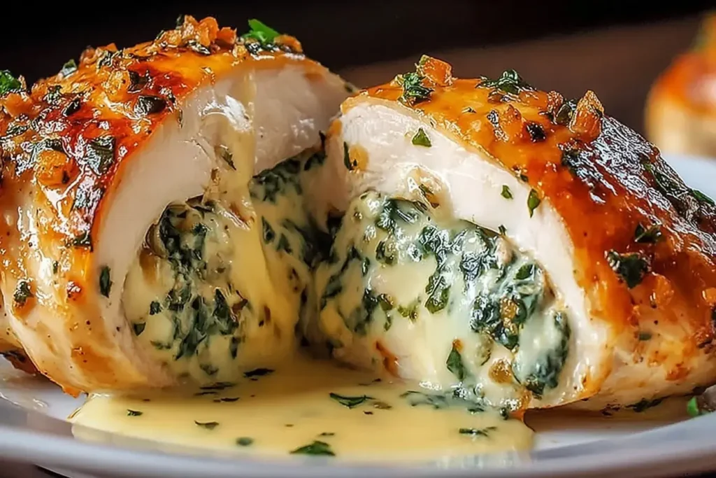 Ruth’s Chris Stuffed Chicken Copycat recipe with creamy spinach and cheese filling melting inside juicy golden chicken breast