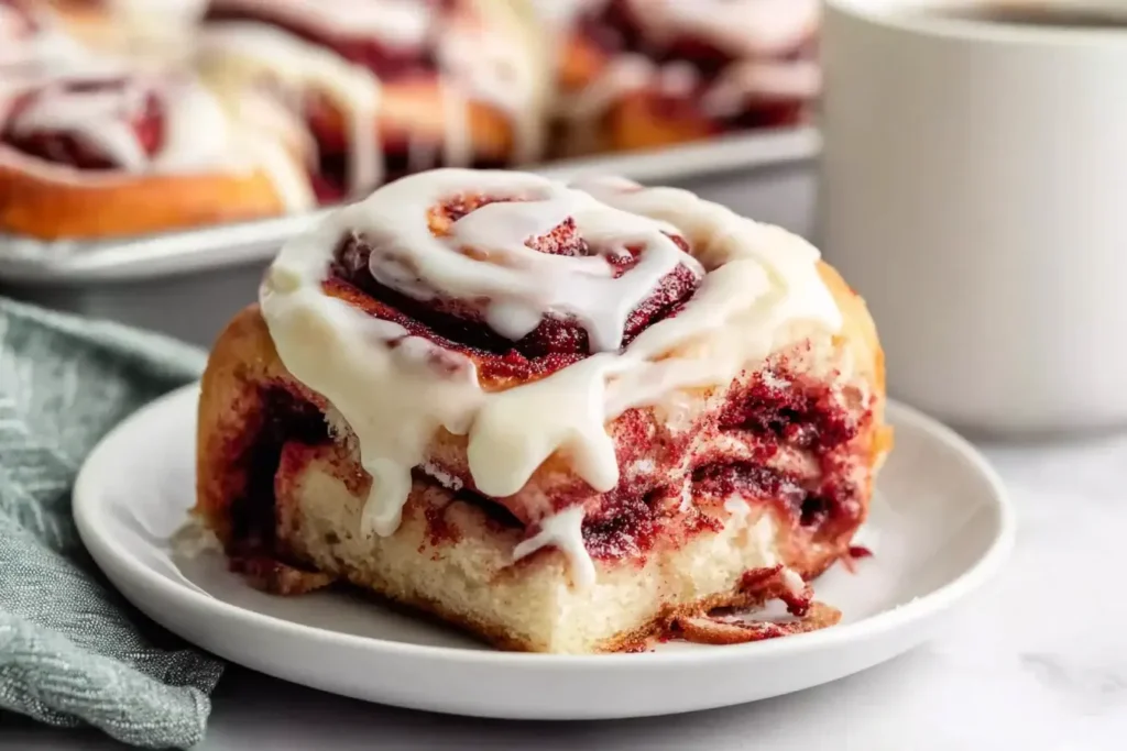 Warm Red Velvet Cinnamon Rolls topped with creamy vanilla icing on a white plate, showing their soft texture and vibrant red swirl.