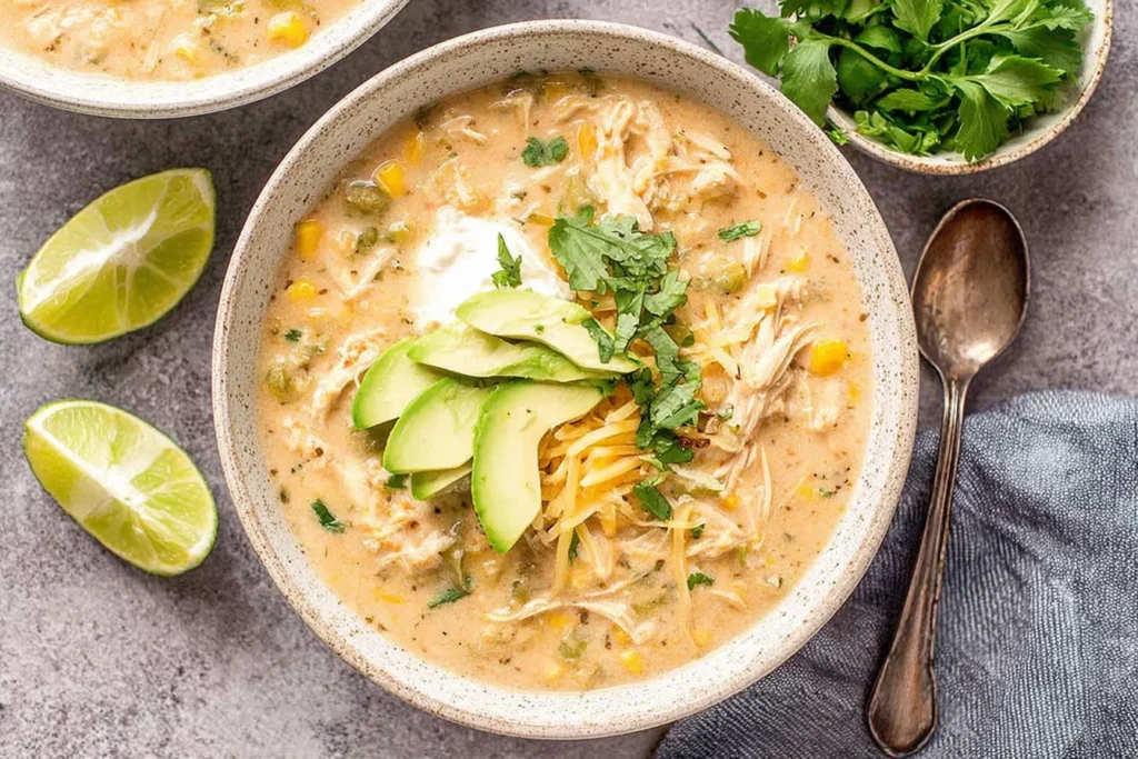 Slow Cooker Creamy Green Chile Chicken Enchilada Soup served with avocado, shredded cheese, cilantro, and lime wedges on the side.