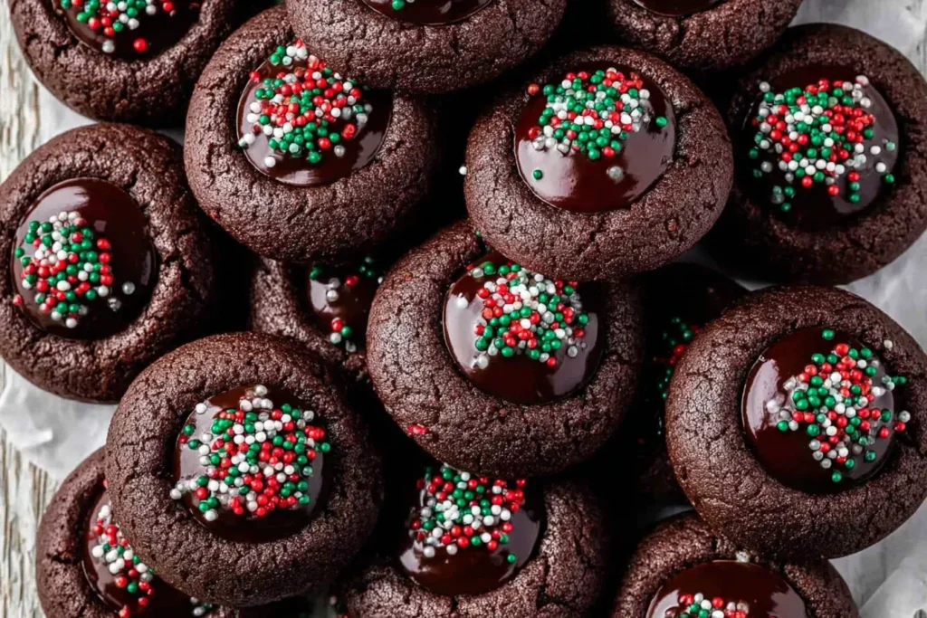 Chocolate Thumbprint Cookies topped with festive red, green, and white sprinkles and filled with glossy chocolate ganache.