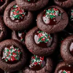 Chocolate Thumbprint Cookies topped with festive red, green, and white sprinkles and filled with glossy chocolate ganache.