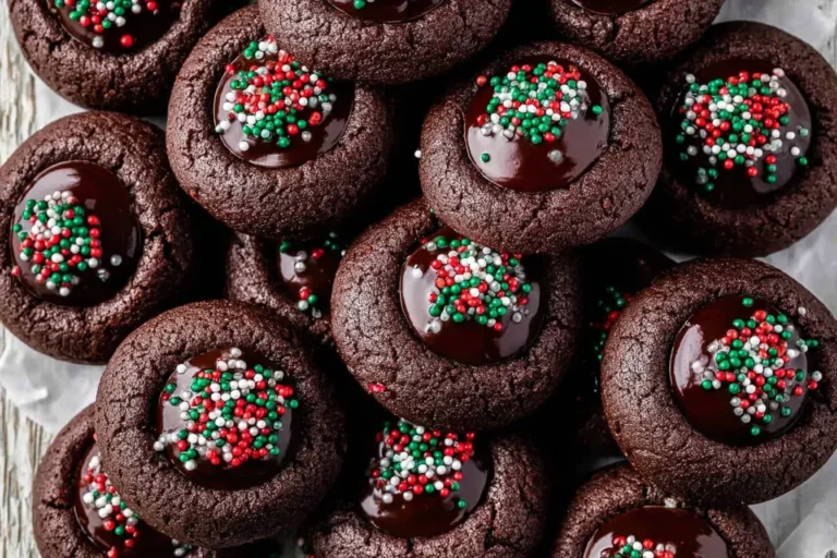 Chocolate Thumbprint Cookies topped with festive red, green, and white sprinkles and filled with glossy chocolate ganache.