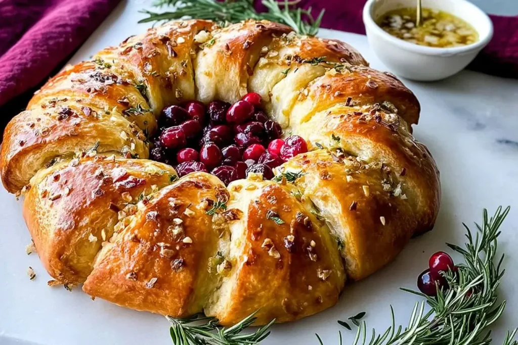 A golden, buttery Cranberry Brie Crescent Wreath filled with vibrant cranberries, garnished with herbs, and served as a festive holiday appetizer.