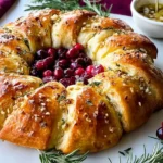 A golden, buttery Cranberry Brie Crescent Wreath filled with vibrant cranberries, garnished with herbs, and served as a festive holiday appetizer.