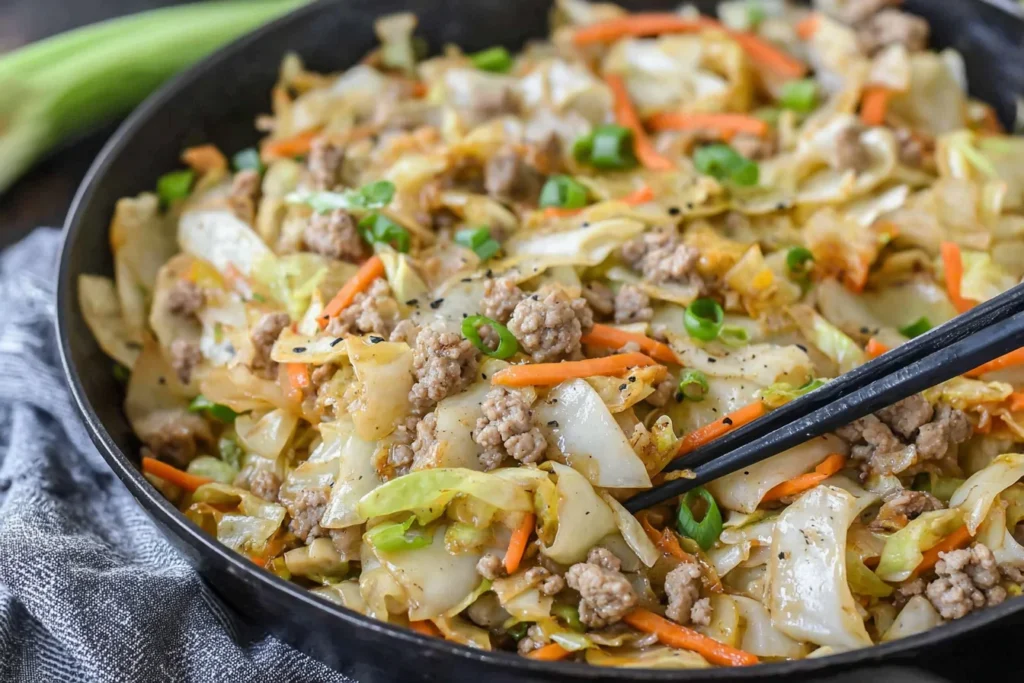 Egg Roll in a Bowl cooked in a skillet with ground turkey, cabbage, carrots, green onions, and sesame seasoning—easy one-pan dinner.