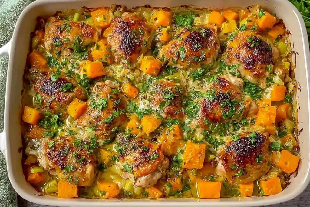 Chicken Leek and Butternut Squash Bake in a casserole dish with golden roasted chicken thighs, tender squash, and fresh herbs.