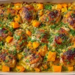 Chicken Leek and Butternut Squash Bake in a casserole dish with golden roasted chicken thighs, tender squash, and fresh herbs.