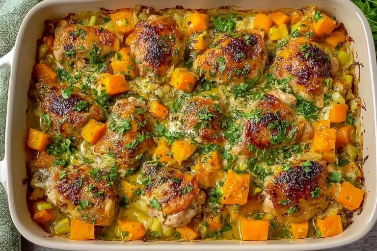 Chicken Leek and Butternut Squash Bake in a casserole dish with golden roasted chicken thighs, tender squash, and fresh herbs.
