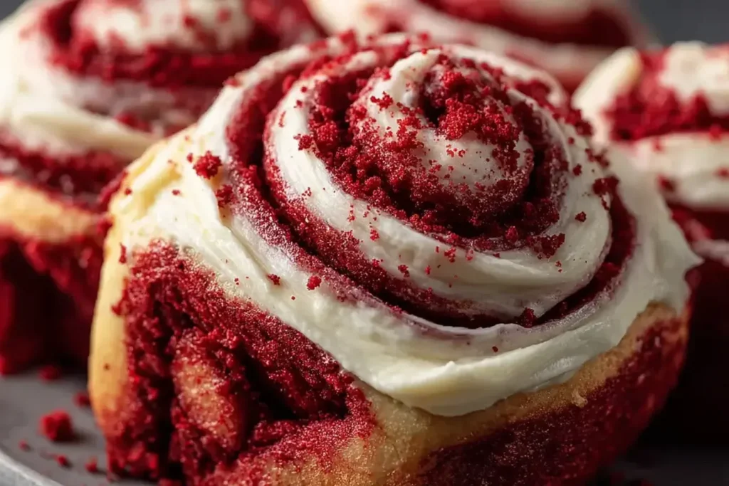 Close-up of freshly baked Red Velvet Cinnamon Rolls topped with creamy frosting and red velvet crumbs, showing their soft, swirled texture.