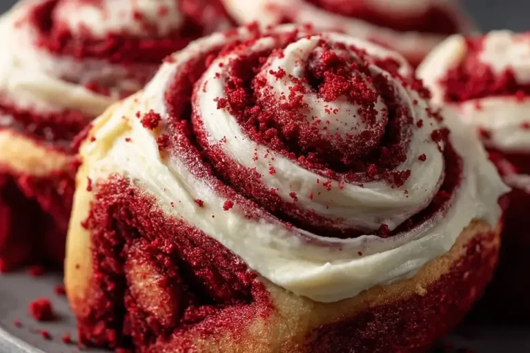 Close-up of freshly baked Red Velvet Cinnamon Rolls topped with creamy frosting and red velvet crumbs, showing their soft, swirled texture.