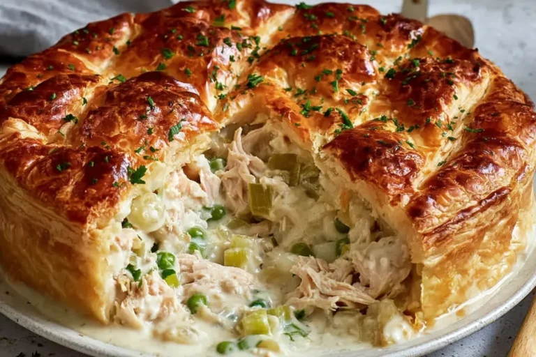 Mary Berry Chicken And Leek Pie with golden puff pastry, creamy chicken and leek filling, and flaky layers baked to perfection