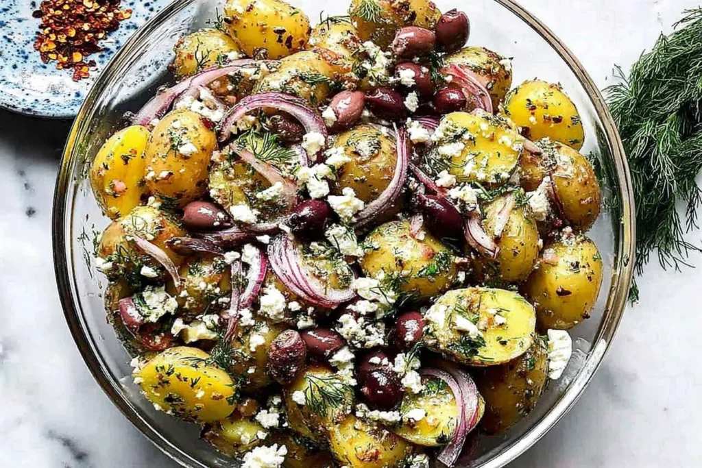 Homemade Greek Potato Salad with golden baby potatoes, kalamata olives, red onion, fresh dill, feta cheese, and a zesty olive oil vinaigrette.