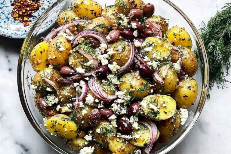 Homemade Greek Potato Salad with golden baby potatoes, kalamata olives, red onion, fresh dill, feta cheese, and a zesty olive oil vinaigrette.