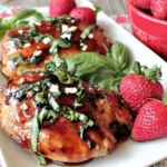 Strawberry Chicken glazed with balsamic strawberry sauce, topped with fresh basil and crumbled goat cheese, served with fresh strawberries on a white platter.