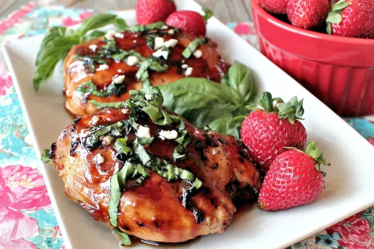 Strawberry Chicken glazed with balsamic strawberry sauce, topped with fresh basil and crumbled goat cheese, served with fresh strawberries on a white platter.