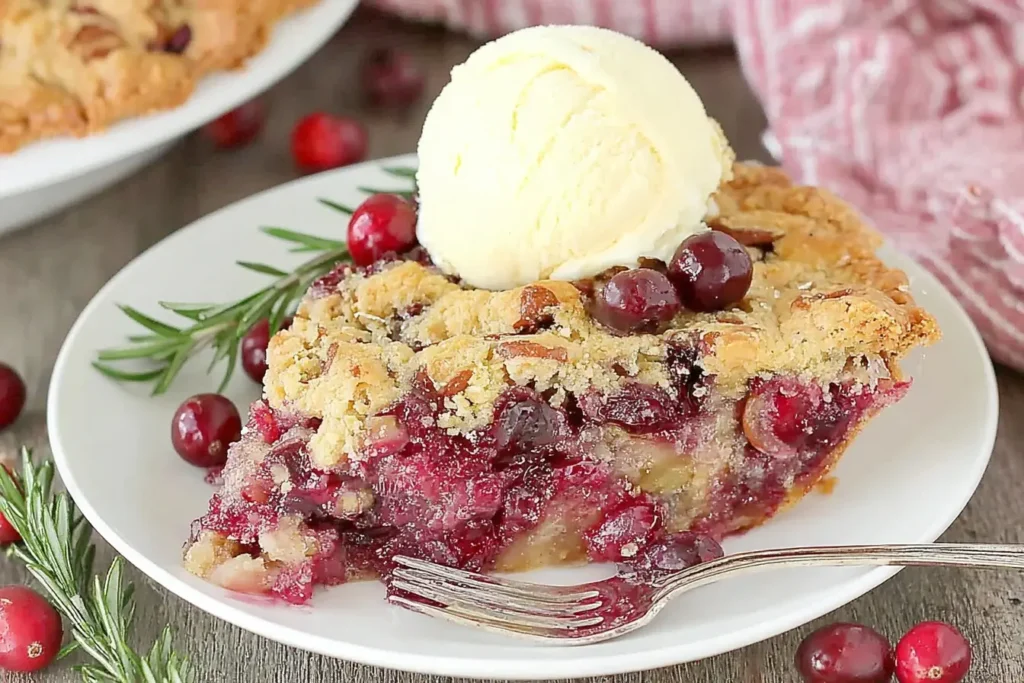 Nantucket Holiday Cranberry Pie slice topped with vanilla ice cream on a white plate, featuring juicy cranberries and a golden crumb topping.