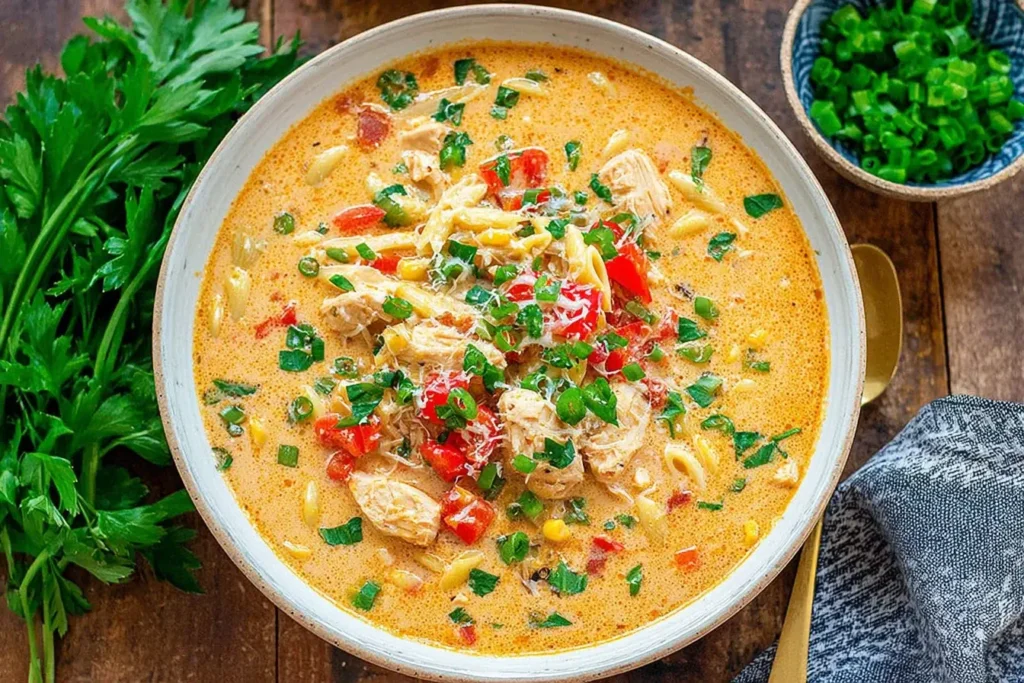 Creamy Parmesan Cajun Chicken Pasta Soup topped with fresh herbs, peppers, and tender chicken in a rich, creamy Cajun broth.