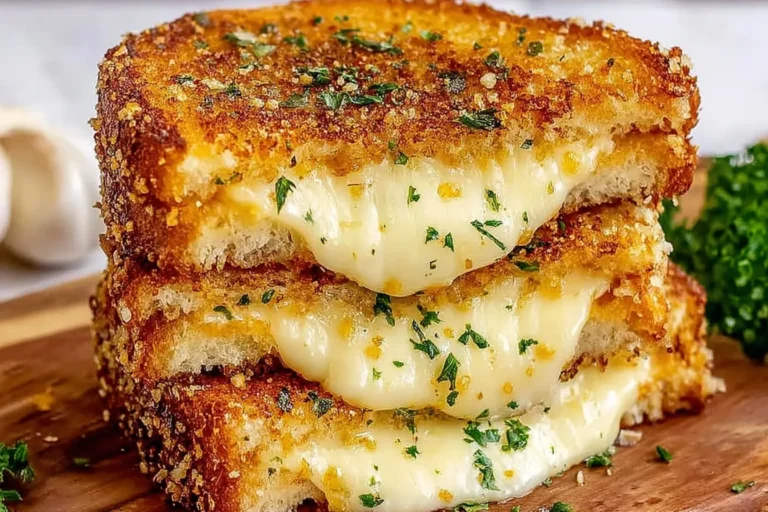 Garlic Bread Grilled Cheese stacked high with crispy golden bread and gooey melted cheese, topped with parsley