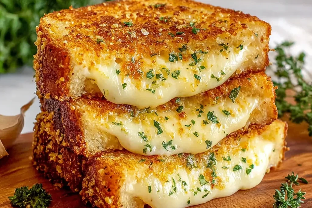 Garlic Bread Grilled Cheese with crispy golden garlic-butter crust and gooey melted cheese, stacked and sprinkled with parsley