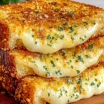 Garlic Bread Grilled Cheese with crispy golden garlic-butter crust and gooey melted cheese, stacked and sprinkled with parsley