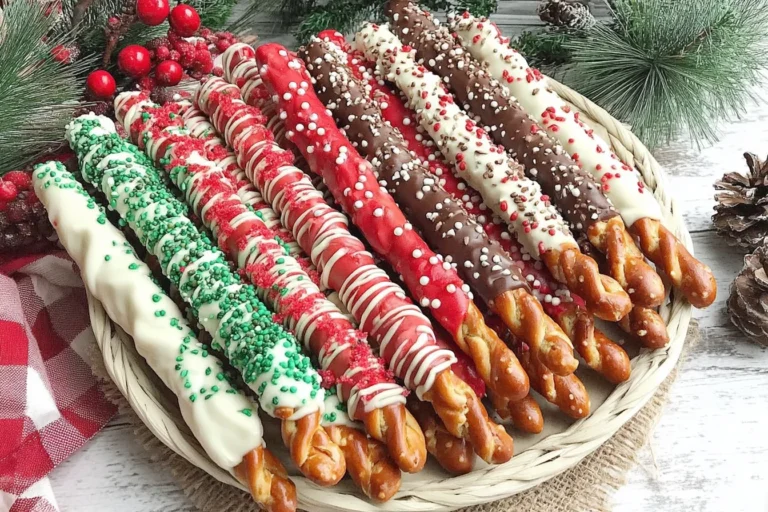 Christmas Pretzel Rods decorated with festive chocolate coatings and holiday sprinkles arranged on a platter.