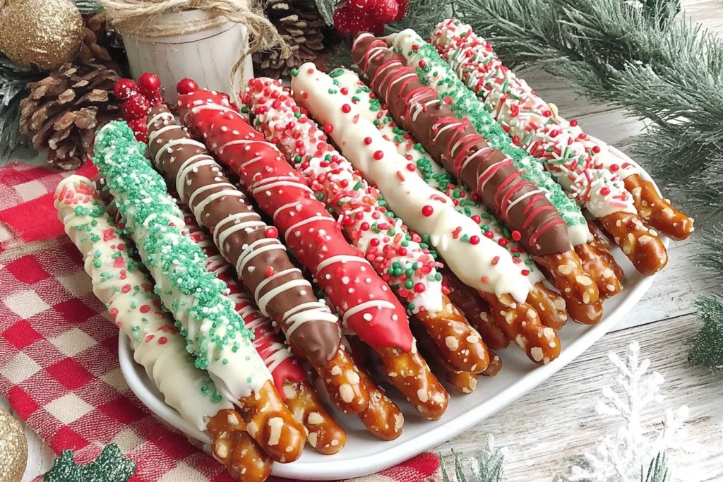 Christmas Pretzel Rods covered in festive red, green, white, and chocolate coatings with holiday sprinkles arranged on a plate.