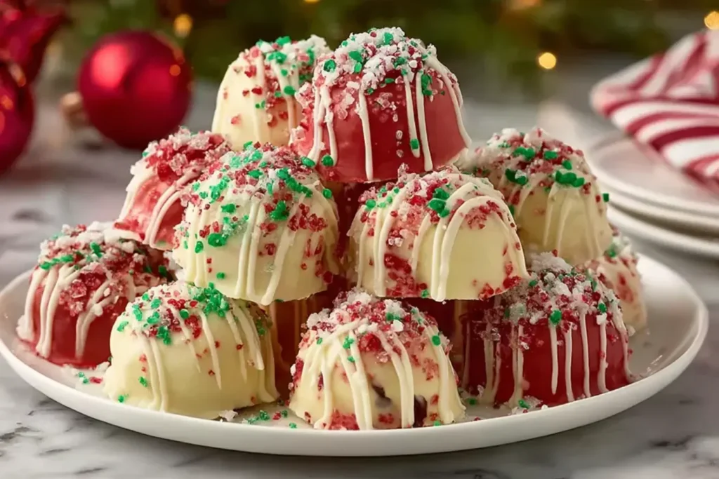 Festive No Bake Christmas Cheesecake Bites covered in white and red chocolate with holiday sprinkles, arranged on a plate for a Christmas dessert display.