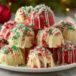 Festive No Bake Christmas Cheesecake Bites covered in white and red chocolate with holiday sprinkles, arranged on a plate for a Christmas dessert display.