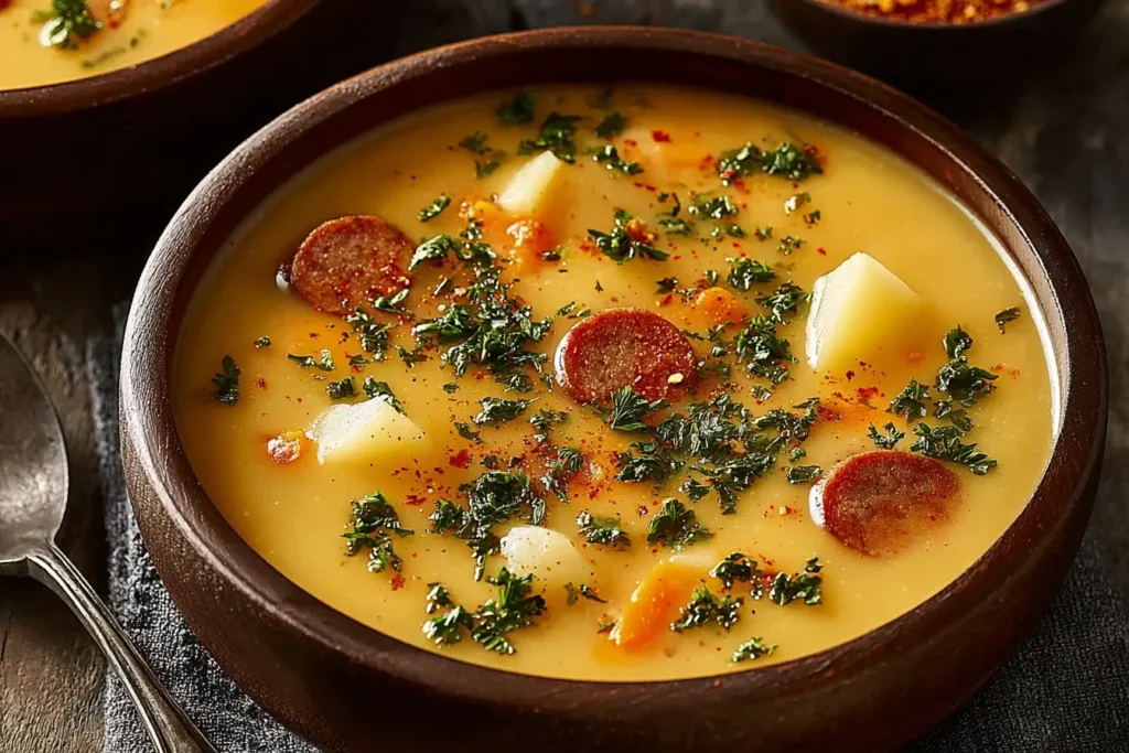 Creamy Slow Cooker Cajun Potato Soup with sliced sausage, potatoes, herbs, and spices served in a rustic wooden bowl.