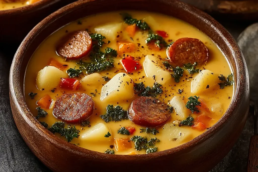 Creamy Slow Cooker Cajun Potato Soup with potatoes, sausage, peppers, and herbs served in a rustic wooden bowl.