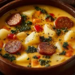 Creamy Slow Cooker Cajun Potato Soup with potatoes, sausage, peppers, and herbs served in a rustic wooden bowl.