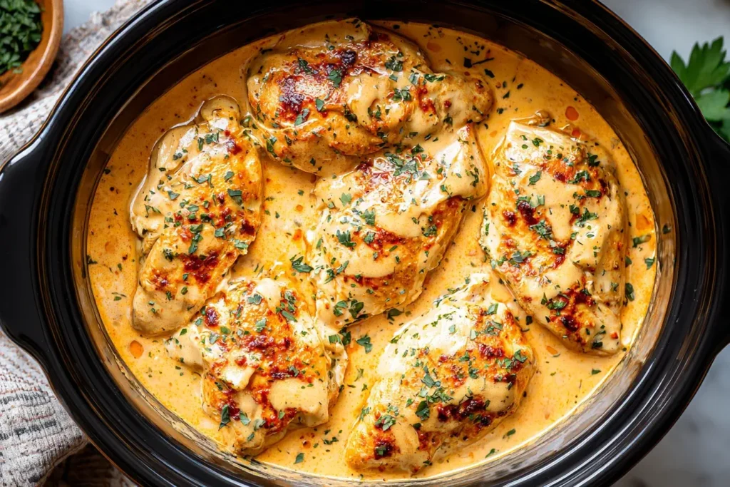 Creamy Crockpot Ranch Chicken with tender browned chicken breasts simmering in a rich ranch-seasoned sauce inside a slow cooker.