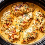 Creamy Crockpot Ranch Chicken with tender browned chicken breasts simmering in a rich ranch-seasoned sauce inside a slow cooker.
