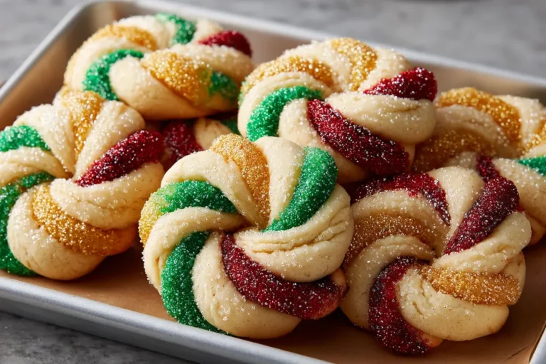 Twisted Christmas Cookies decorated with sparkling red, green, and gold sugar, arranged on a baking tray for a festive holiday treat.