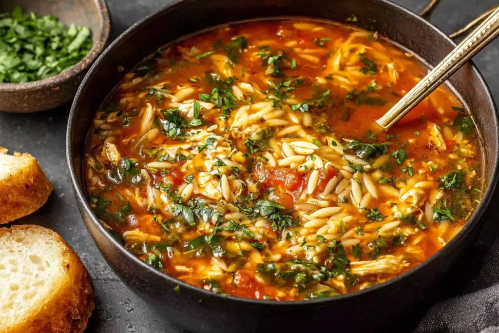 Hearty bowl of Chicken Orzo Tomato Soup with tender shredded chicken, orzo pasta, and fresh herbs served with crusty bread.