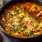 Hearty bowl of Chicken Orzo Tomato Soup with tender shredded chicken, orzo pasta, and fresh herbs served with crusty bread.
