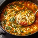 A ladle scooping hearty Chicken Orzo Tomato Soup filled with tender chicken, orzo pasta, tomatoes, and herbs from a warm soup pot.