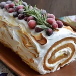 Ginger Bread Yule Log Cake topped with sugared cranberries and rosemary on a wooden platter.