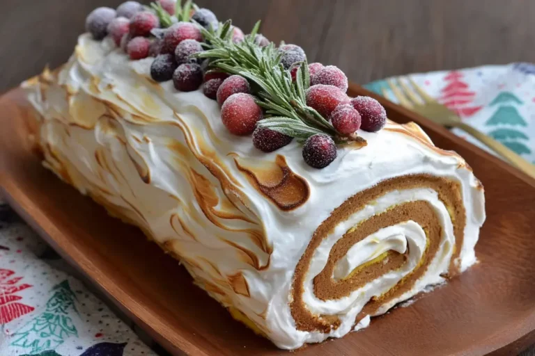 Ginger Bread Yule Log Cake topped with sugared cranberries and rosemary on a wooden platter.