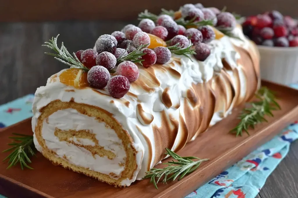 Ginger Bread Yule Log Cake with toasted meringue, sugared cranberries, and rosemary on a wooden board.